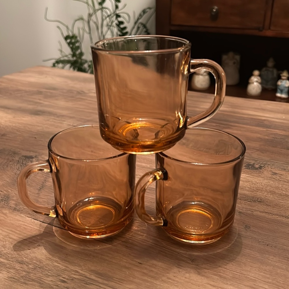 Set of 3 Vintage KIG Pink Pressed Glass Coffee Mugs Made in Indonesia